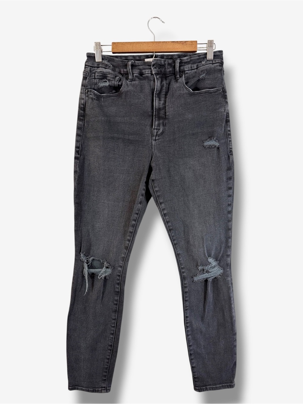 Good American Good Waist Extreme V Black Skinny Jeans 10/30 Distressed Ripped
